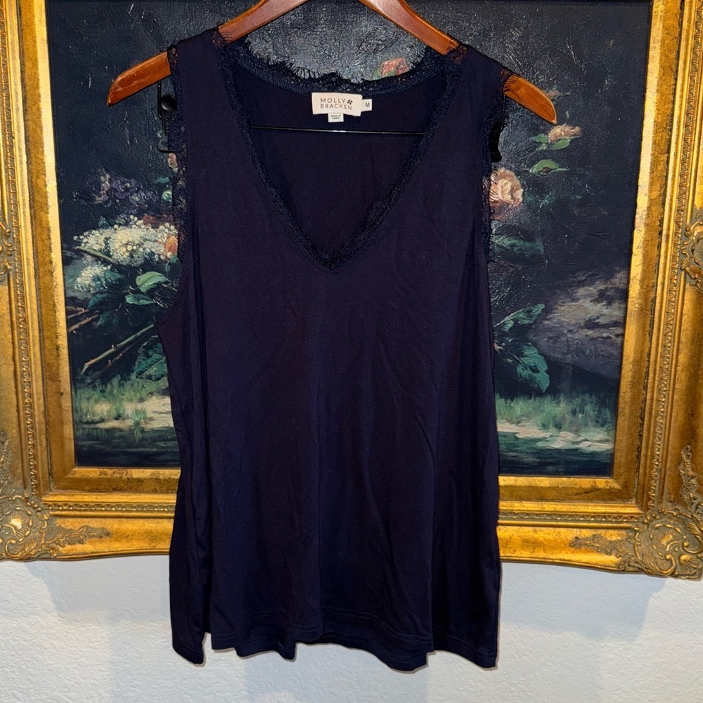 Molly Bracken Navy Lace Trim Stretch Tank Top Blouse Layering Piece Size M